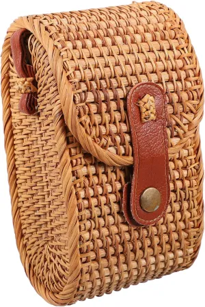 GALPADA Rattan Bag Cellphone Crossbody Purse for Women Small Crossbody Bags Sling Purse Crossbody Women Smoothie Bags with Straw Woven Crossbody Bags for Cell Phone Pu Belt Sandbag Women's