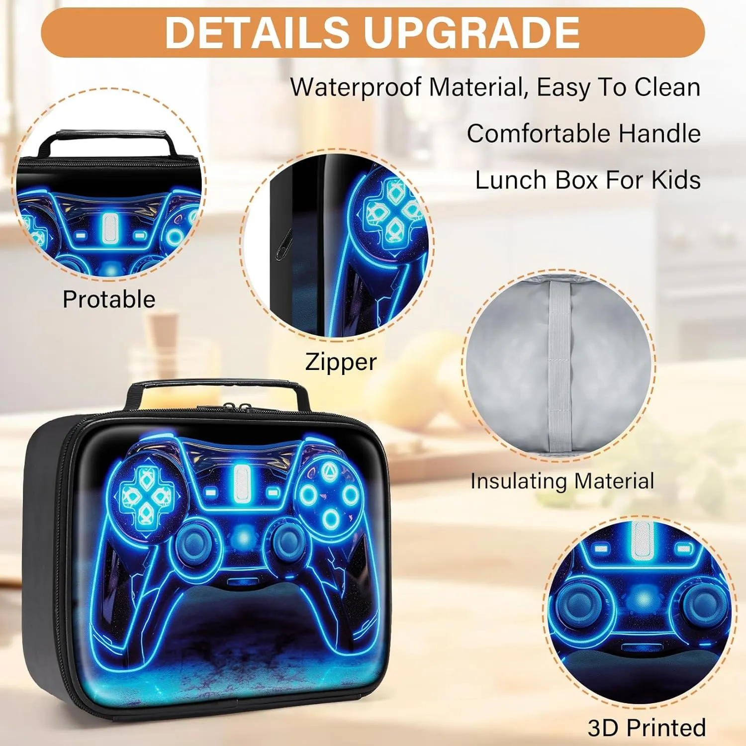 Gamer Lunch Box for Boys,Leather Boys Lunch Bag for Kids,Gamer Gifts for Kids,Insulated Video Game Lunchbox,Reusable Portable Lunchbox for School Travel Picnic Hiking Beach