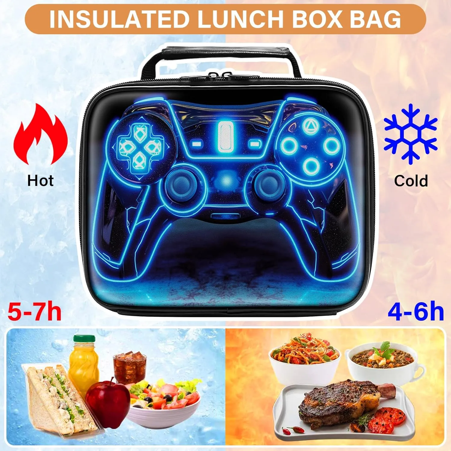 Gamer Lunch Box for Boys,Leather Boys Lunch Bag for Kids,Gamer Gifts for Kids,Insulated Video Game Lunchbox,Reusable Portable Lunchbox for School Travel Picnic Hiking Beach