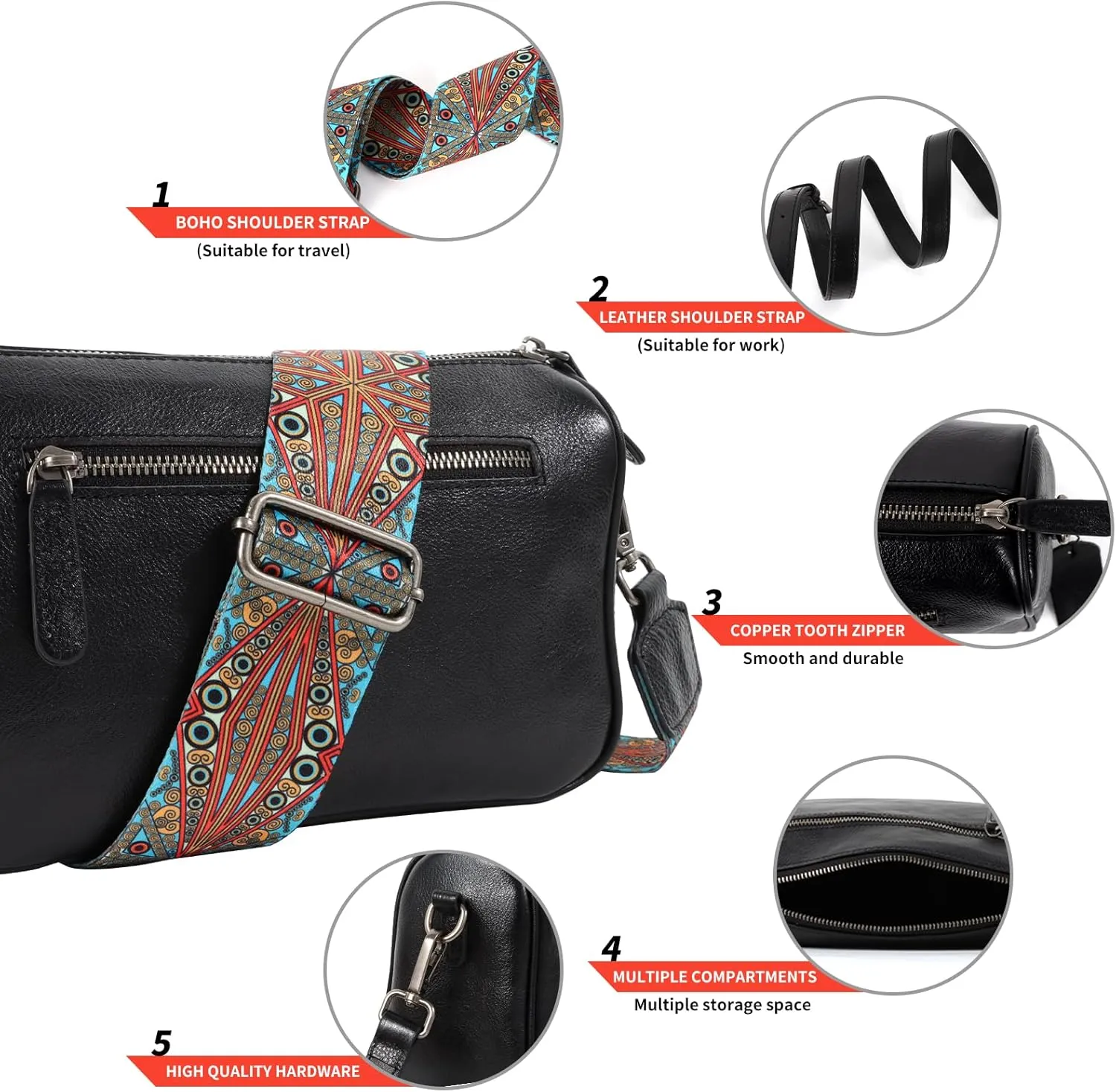 Genuine Leather crossbody bag for Women-Leather purse Shoulder Handbag with Bohemian wide strap