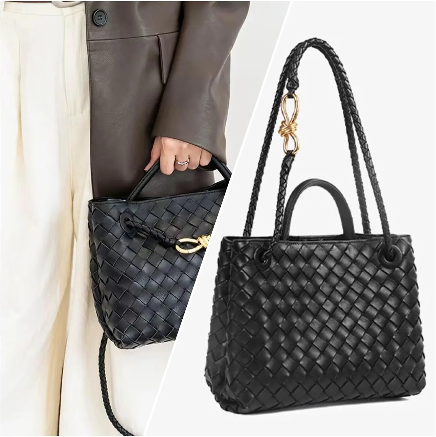 Genuine Leather Women's Top-handle Handbags Fashion Ladies Handbags Shoulder Bag Purse Woven Tote Bag for Women Clutch Bag