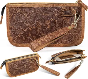 Genuine Leather Wristlet Clutch Bag for Women Handbag Ladies Credit Card Holder Phone Wallet Purses Man Dark Brown