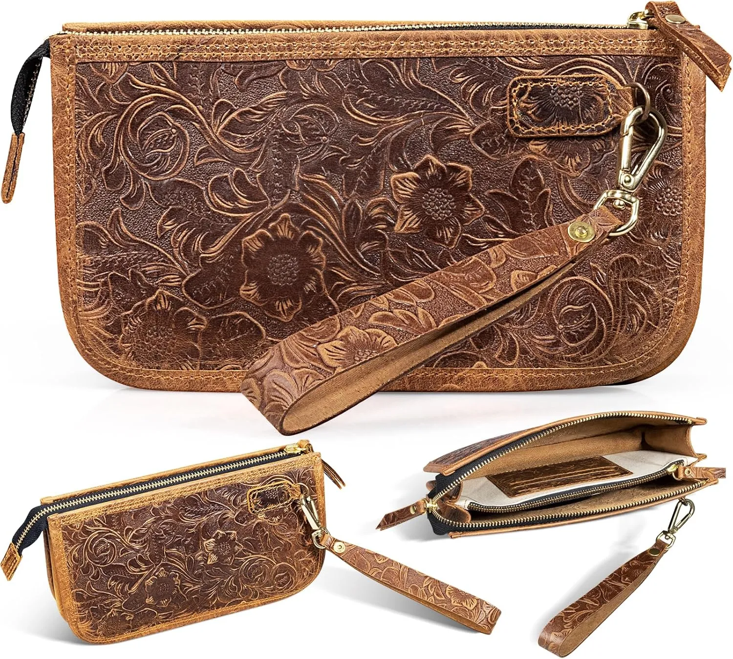 Genuine Leather Wristlet Clutch Bag for Women Handbag Ladies Credit Card Holder Phone Wallet Purses Man Dark Brown