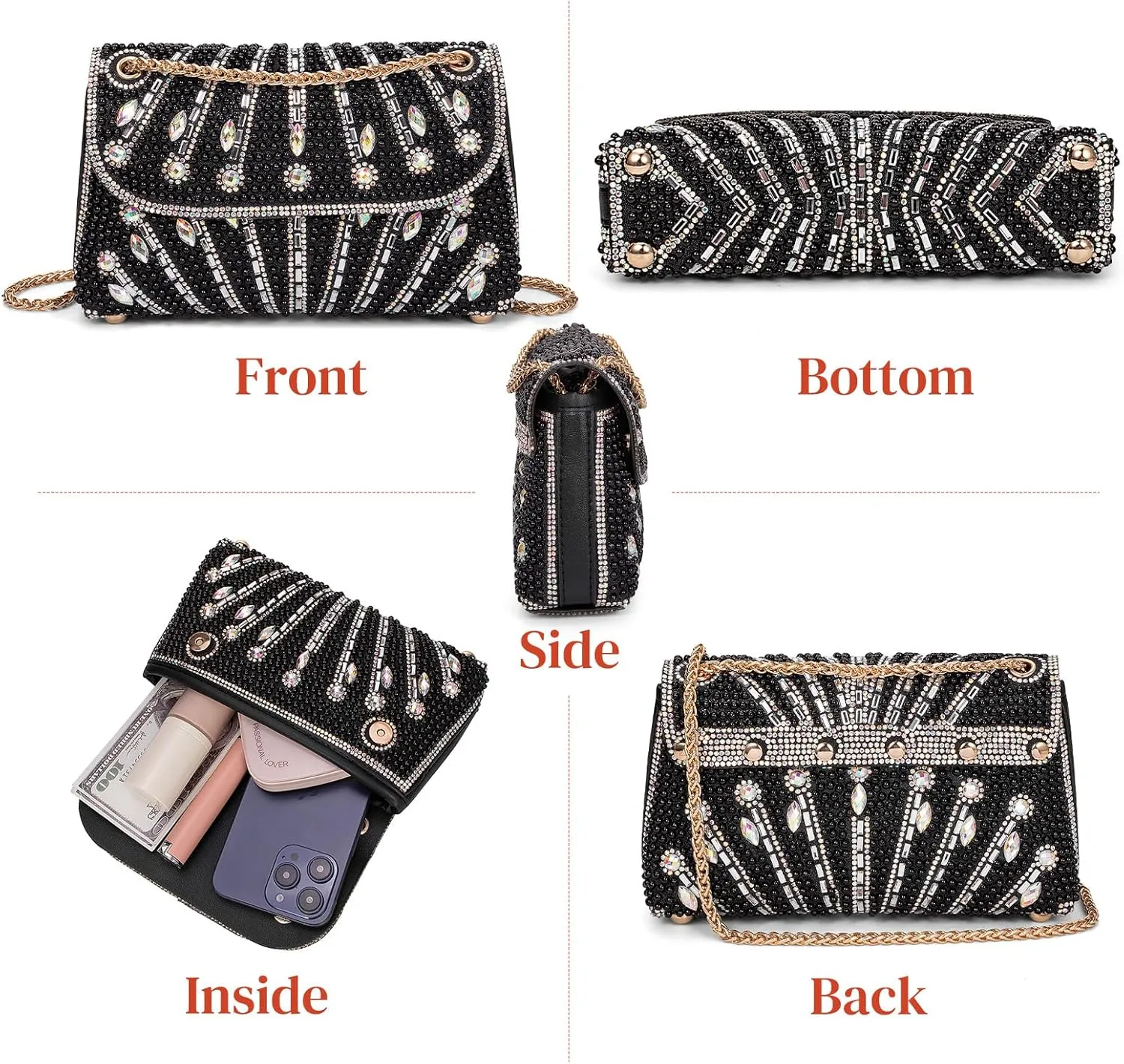 Gets Sparkly Rhinestones Clutch Purses for Women Purses and Handbags for Wedding Party Evening Crossbody Bag with Chain