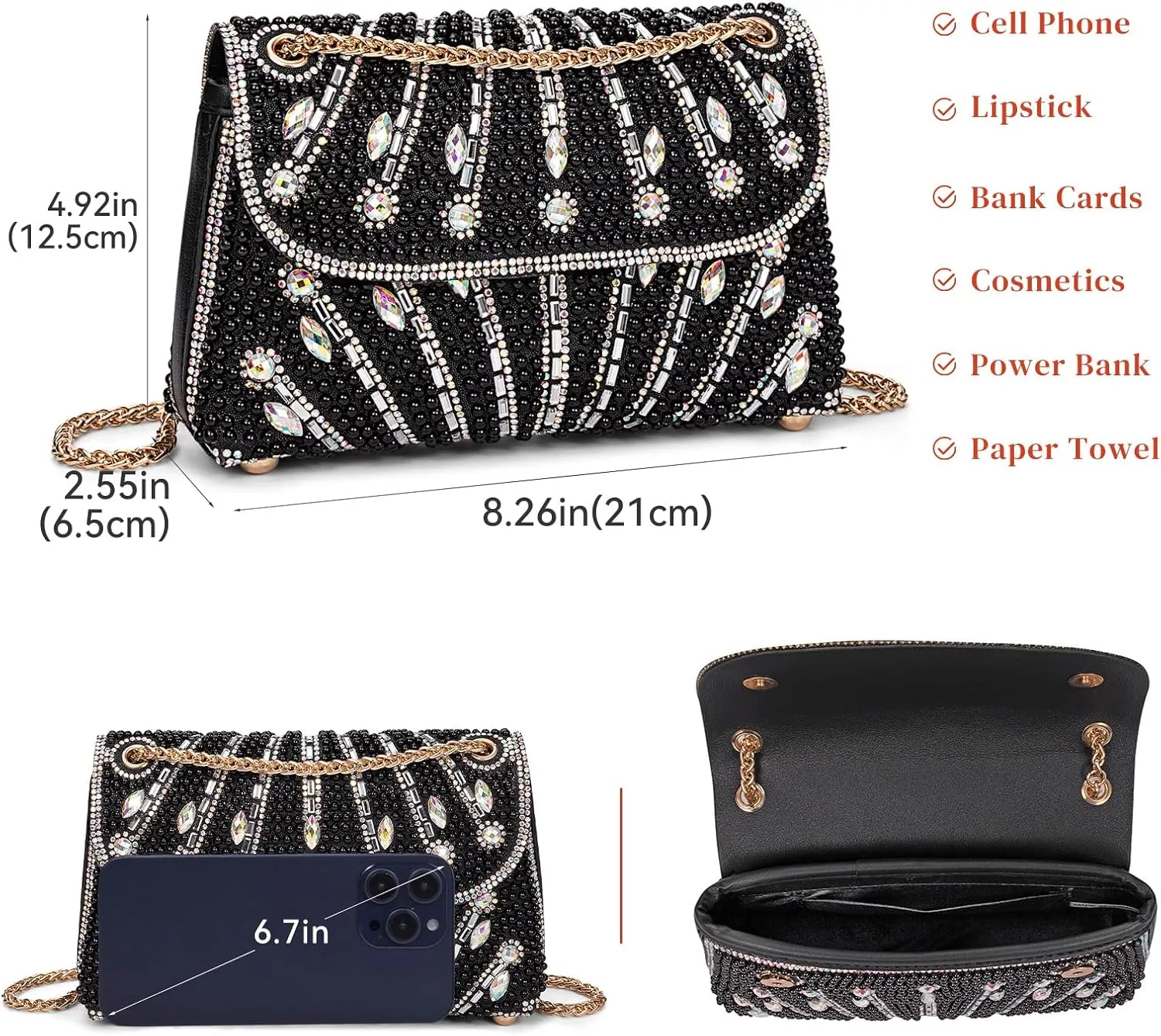 Gets Sparkly Rhinestones Clutch Purses for Women Purses and Handbags for Wedding Party Evening Crossbody Bag with Chain