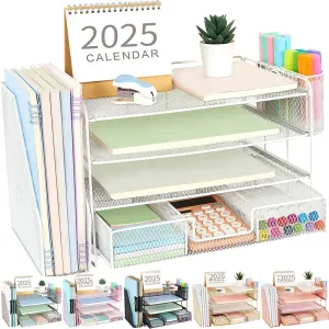 Gianotter Paper Letter Tray Organizer with File Holder, 4-Tier Desk Accessories with Drawer and 2 Pen Holders, Desk Organizers for Office Supplies (White)