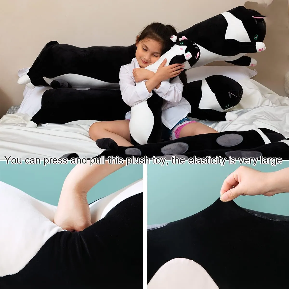 Giant Cat Pillow Plush Cartoon Kitty Sleeping Hugging Pillow, Cuddly Soft Long Kitten Body Pillow Doll Cat Cushion Toy for Kids Girlfriend (Black, 130cm/51.18inch)