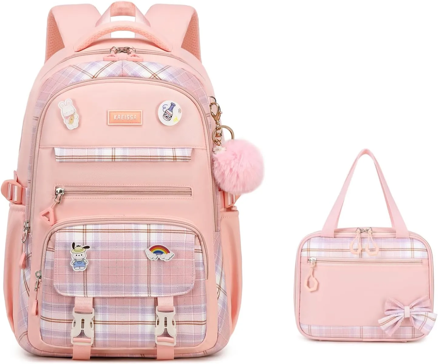 Girls Backpack, 2pcs Set Kawaii Kids Backpack with Insulated Lunch Box Bag Girls Bookbag School Bag for Age 6-12 Years Old, Pink Plain