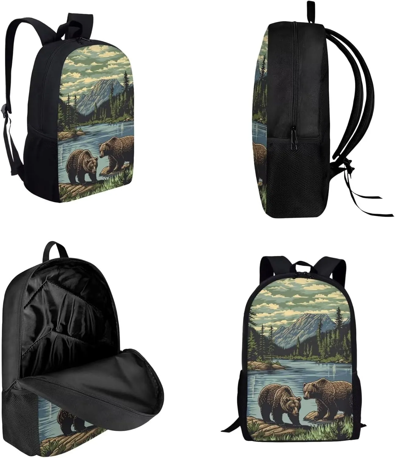 Girls Boys Mountain Lake Bear Backpack with Lunch Box Pencil Bag Large Capacity Black Kids Backpack Set for Girls Boys Lightweight Animal Print Bookbag for Back To School