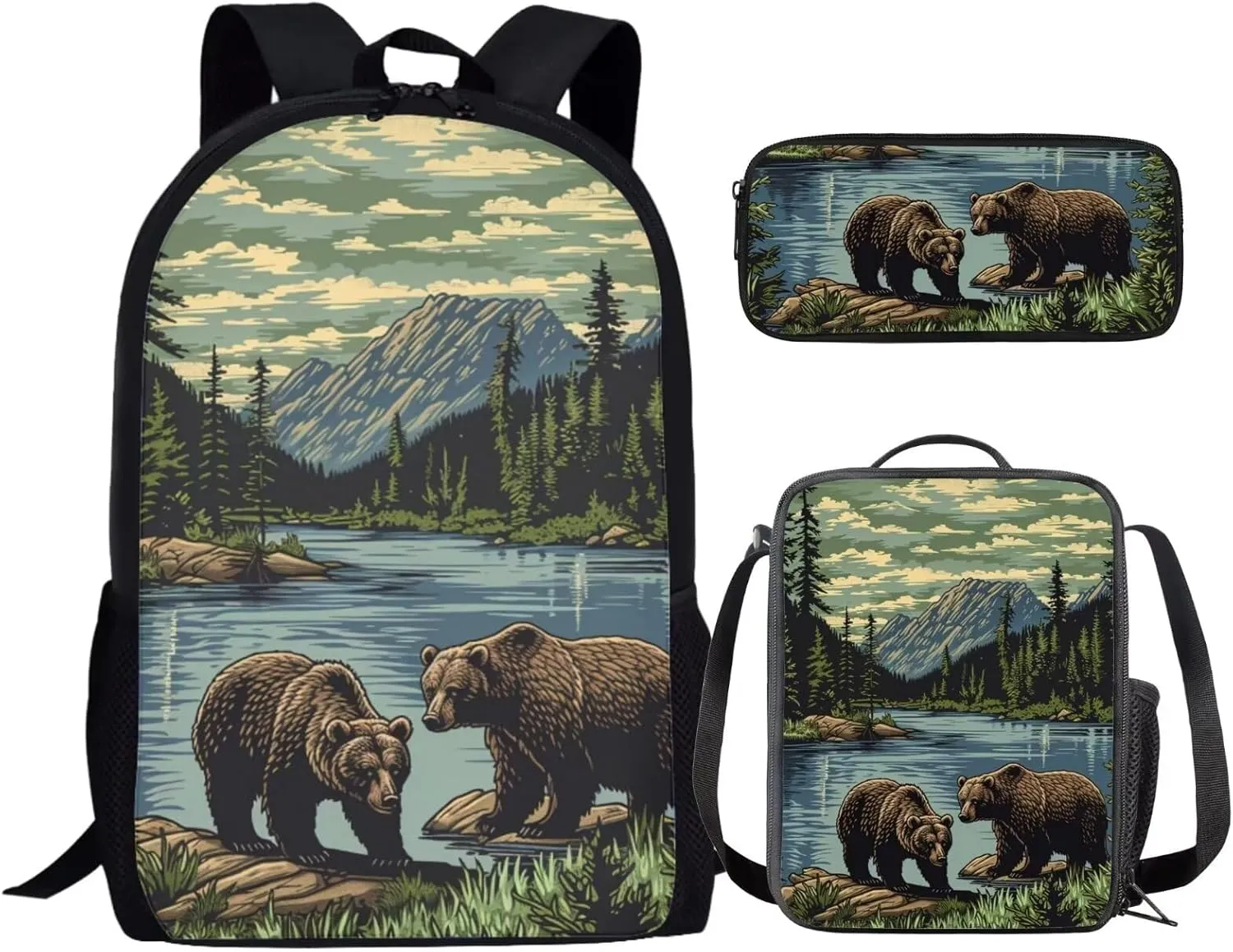 Girls Boys Mountain Lake Bear Backpack with Lunch Box Pencil Bag Large Capacity Black Kids Backpack Set for Girls Boys Lightweight Animal Print Bookbag for Back To School
