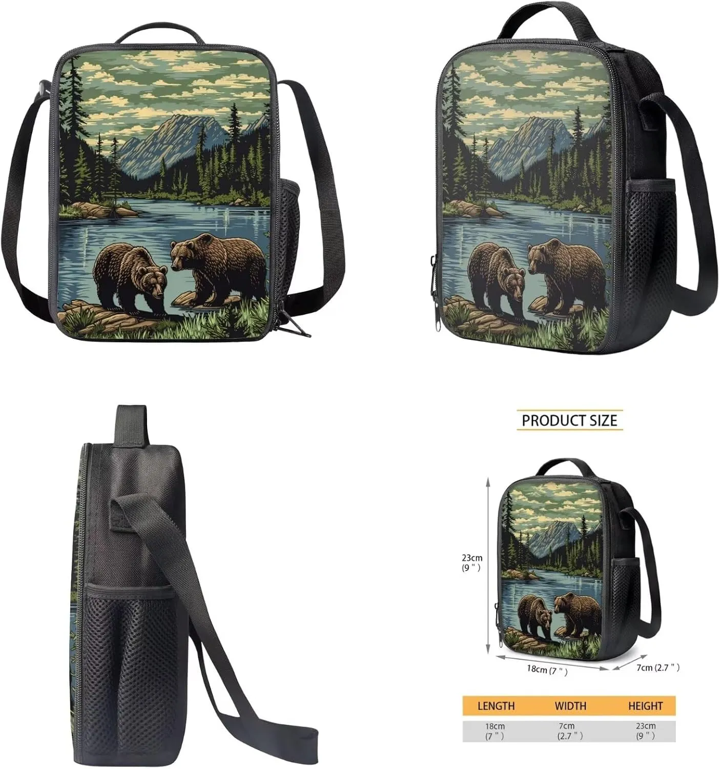 Girls Boys Mountain Lake Bear Backpack with Lunch Box Pencil Bag Large Capacity Black Kids Backpack Set for Girls Boys Lightweight Animal Print Bookbag for Back To School