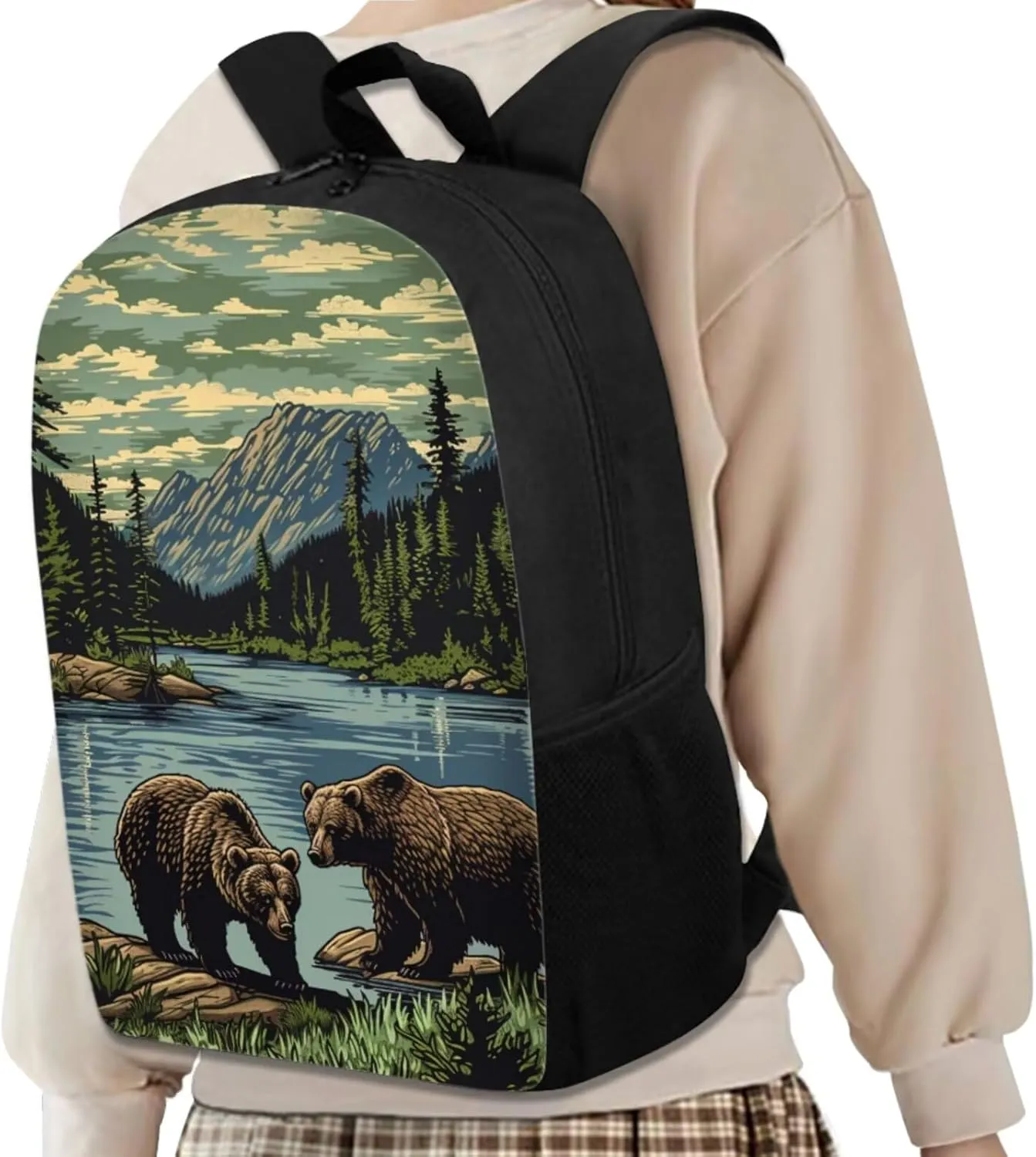 Girls Boys Mountain Lake Bear Backpack with Lunch Box Pencil Bag Large Capacity Black Kids Backpack Set for Girls Boys Lightweight Animal Print Bookbag for Back To School