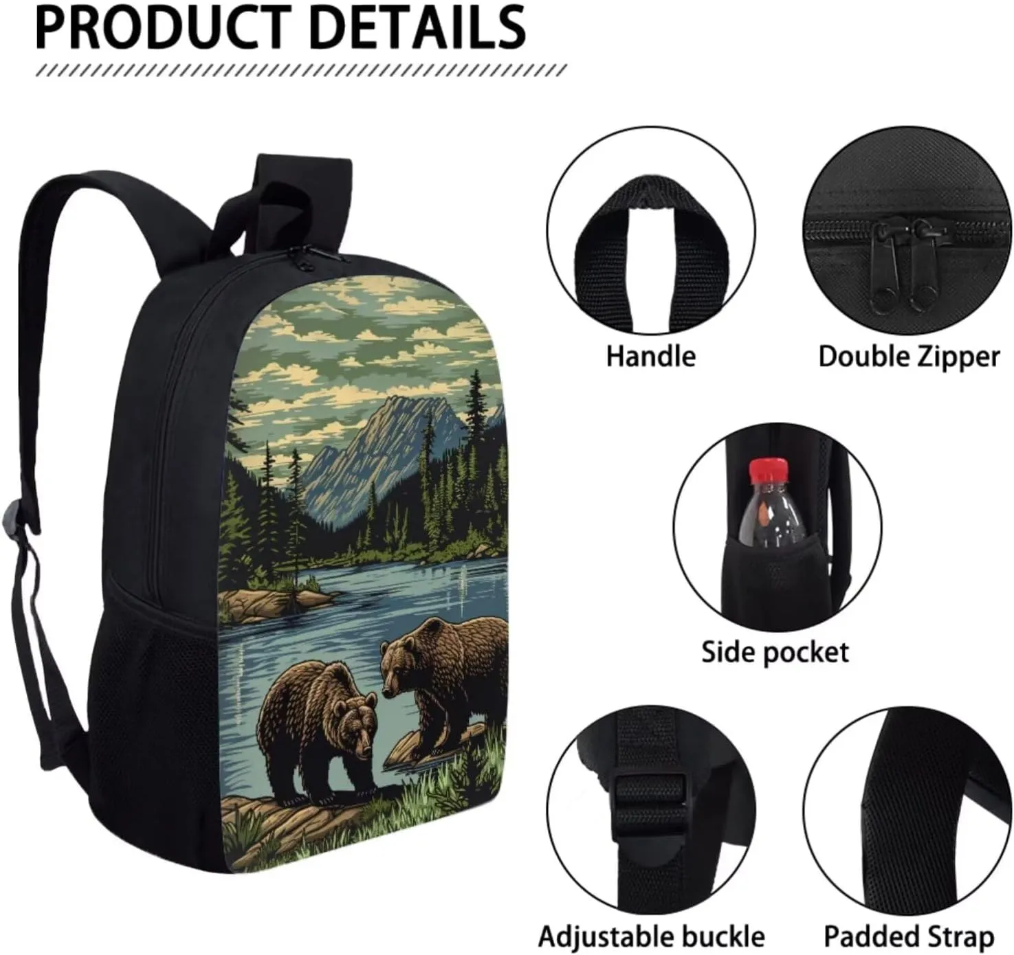 Girls Boys Mountain Lake Bear Backpack with Lunch Box Pencil Bag Large Capacity Black Kids Backpack Set for Girls Boys Lightweight Animal Print Bookbag for Back To School