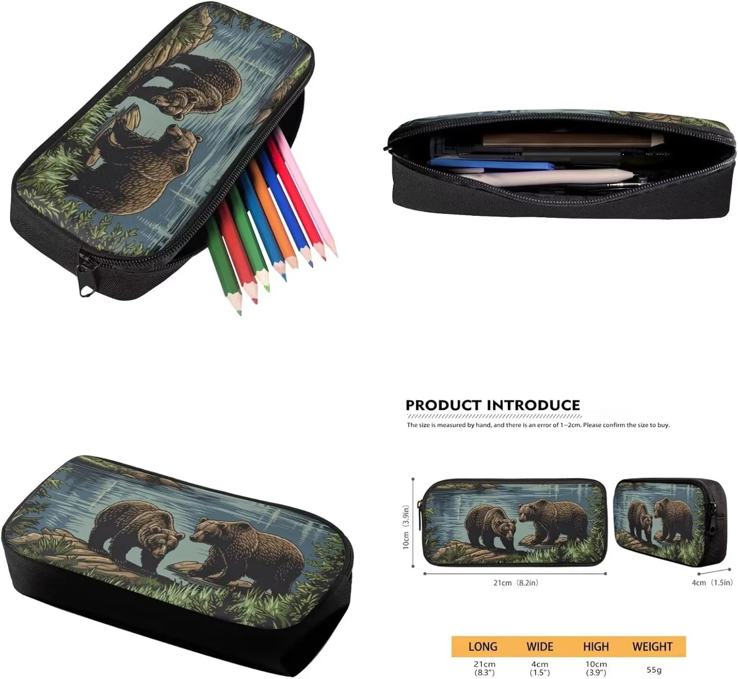 Girls Boys Mountain Lake Bear Backpack with Lunch Box Pencil Bag Large Capacity Black Kids Backpack Set for Girls Boys Lightweight Animal Print Bookbag for Back To School