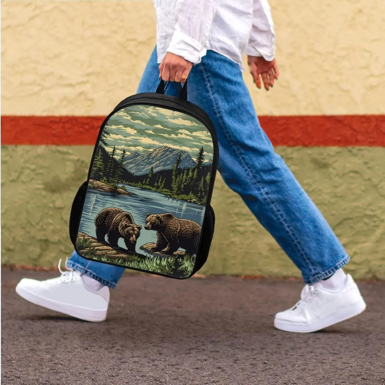Girls Boys Mountain Lake Bear Backpack with Lunch Box Pencil Bag Large Capacity Black Kids Backpack Set for Girls Boys Lightweight Animal Print Bookbag for Back To School