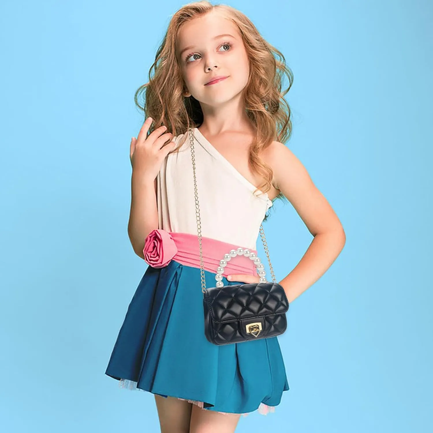 Girls Purses for Kids, Toddler Crossbody Bag with Pearl Handle, Kids Chain Handbag Heart Purses for Girls