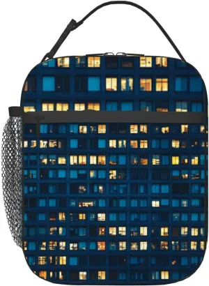 glass facade building night tile modern skyscraper urban city cloud Insulated Iunch Bag for Men Woman Large Portable Waterproof Reusable Thermal Lunch Box with Pockets for Work Travel Picnic