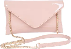Glossy Patent Faux Leather Envelope Clutch Purse Elegant Evening Formal Wedding Prom Party Handbag with Chain Strap for Women