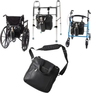 Go-Getter Water-Resistant PU Easy Hook On & Off Messenger Bag for Walkers, Rollators, Wheelchairs, Scooters, Leather-Like, Soft-Lined Glasses Pocket, Padded Interior, Shoulder Strap (Black)
