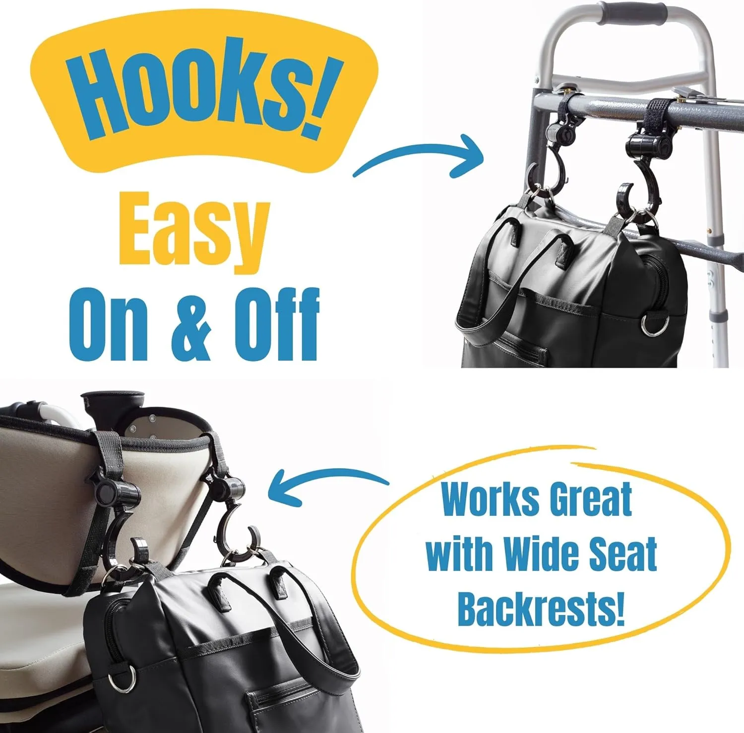 Go-Getter Water-Resistant PU Easy Hook On & Off Messenger Bag for Walkers, Rollators, Wheelchairs, Scooters, Leather-Like, Soft-Lined Glasses Pocket, Padded Interior, Shoulder Strap (Black)