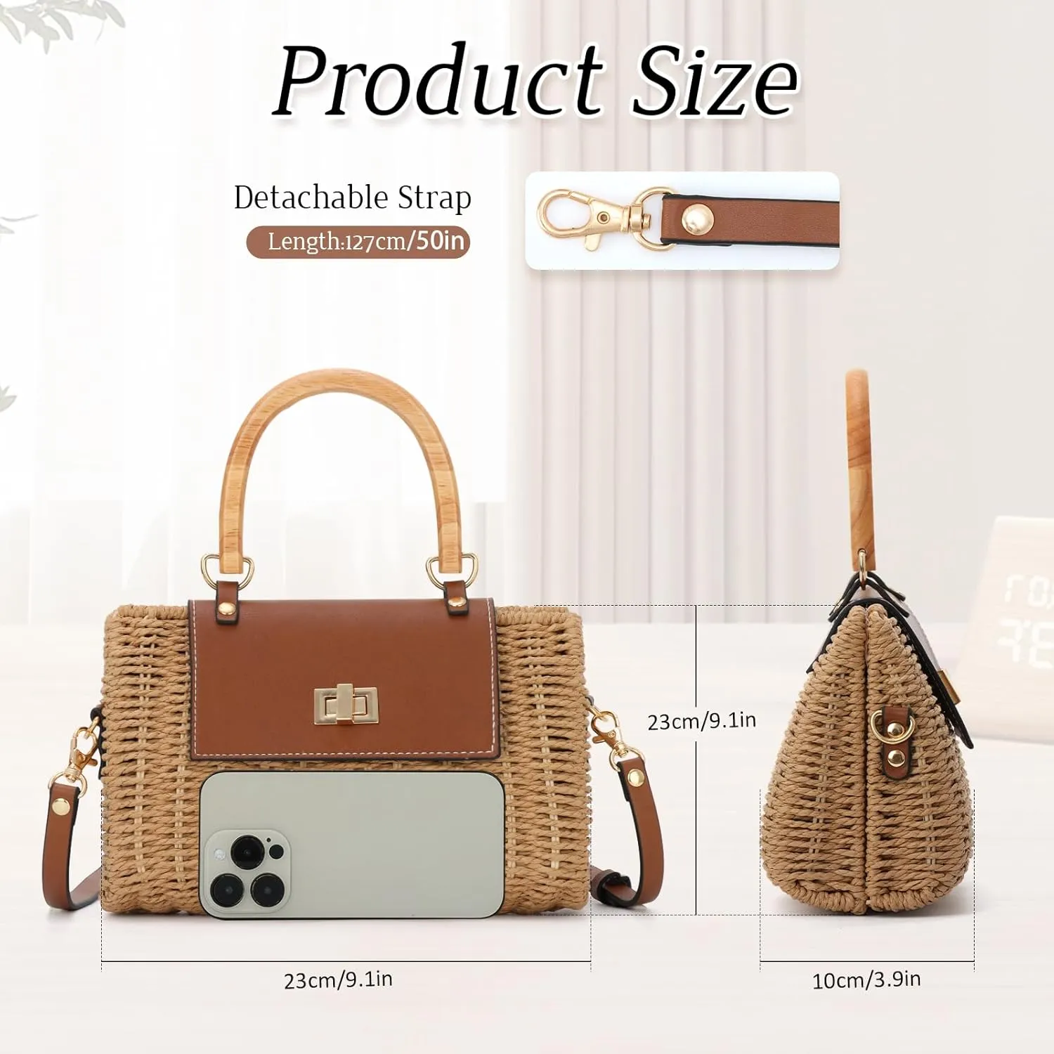 GOKTOW Women's 2025 New Rattan Straw Crossbody Bag with Wood Handle Beach Purse for Travel