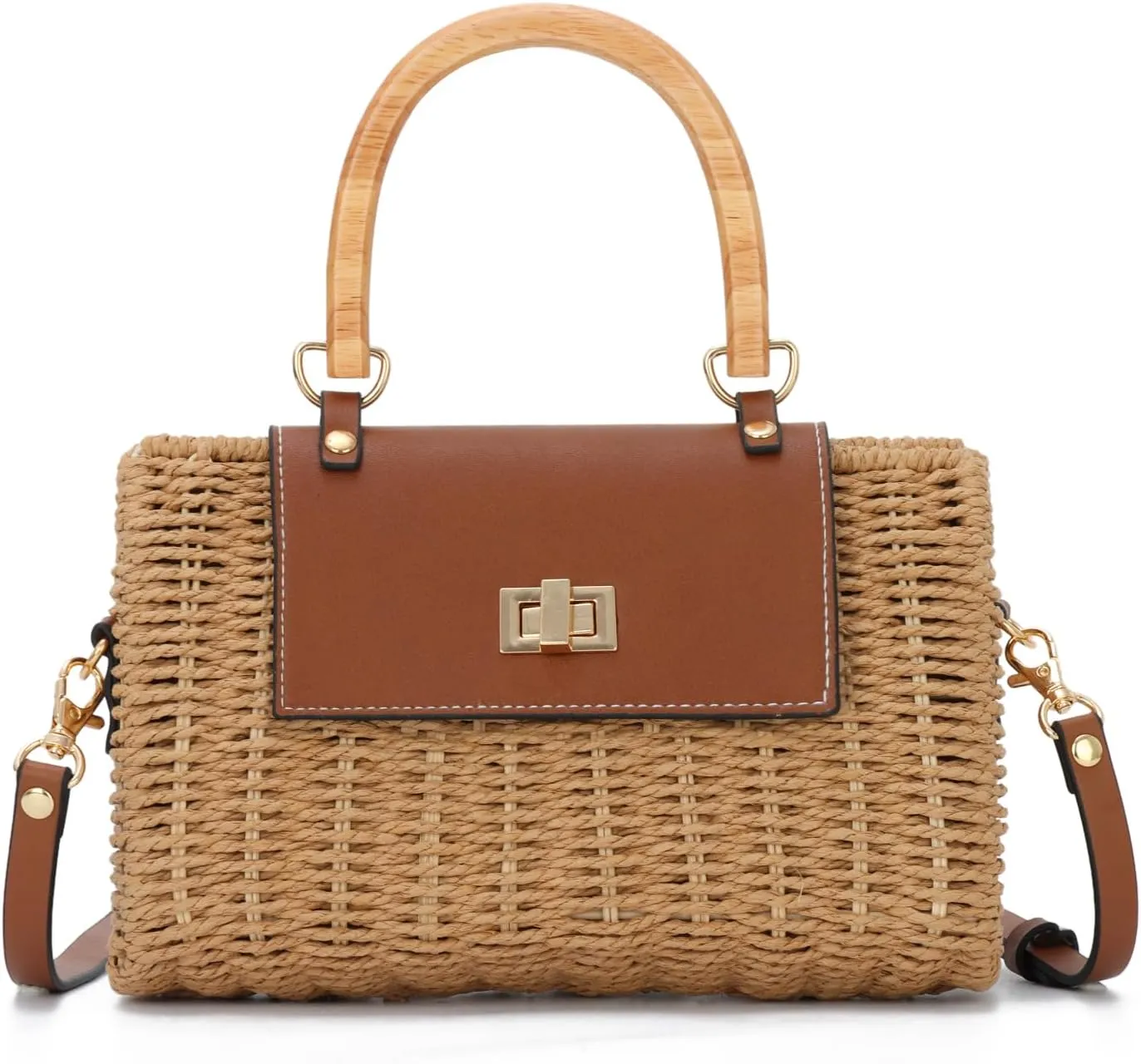 GOKTOW Women's 2025 New Rattan Straw Crossbody Bag with Wood Handle Beach Purse for Travel