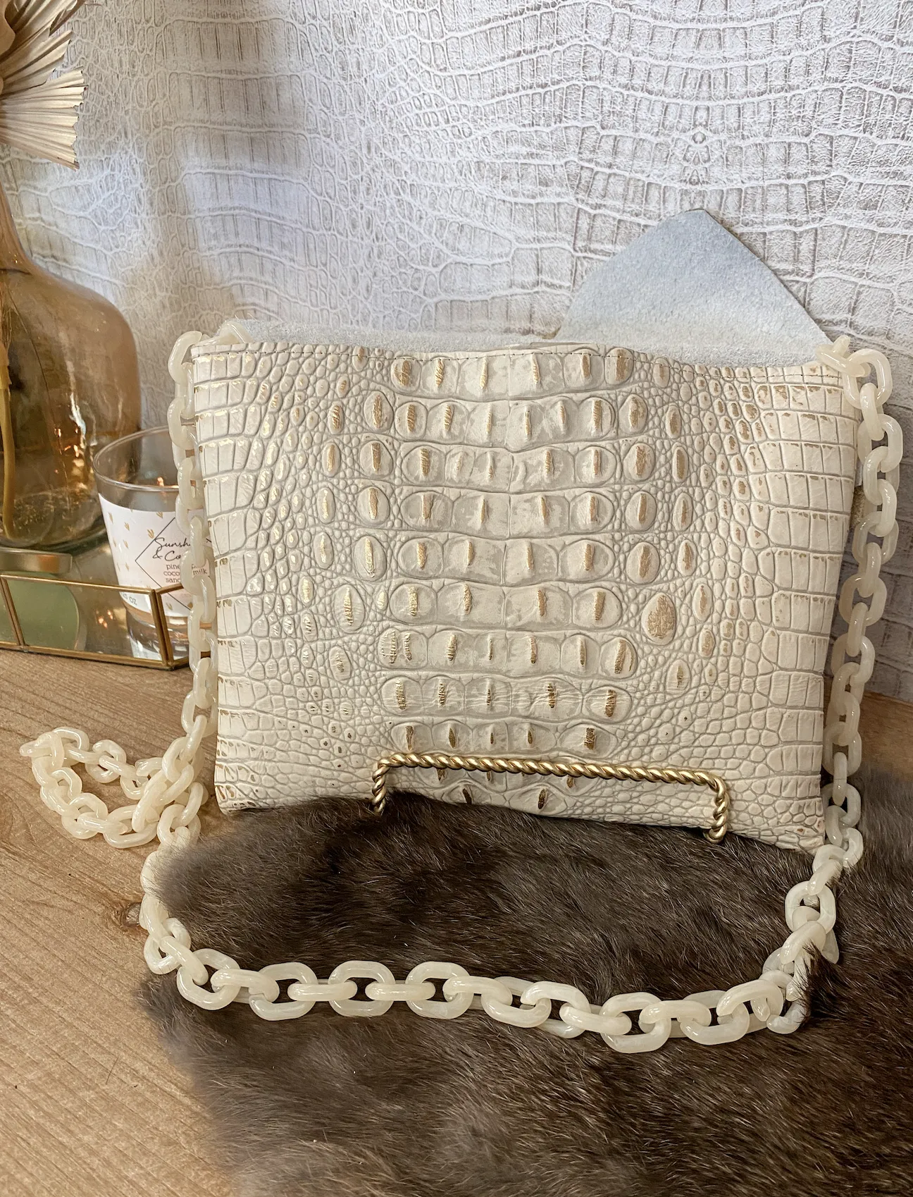 Gold/White Croc with Brindle Hide Clutch/Crossbody