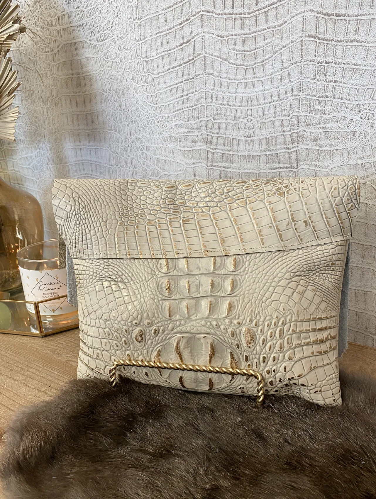 Gold/White Croc with Brindle Hide Clutch/Crossbody