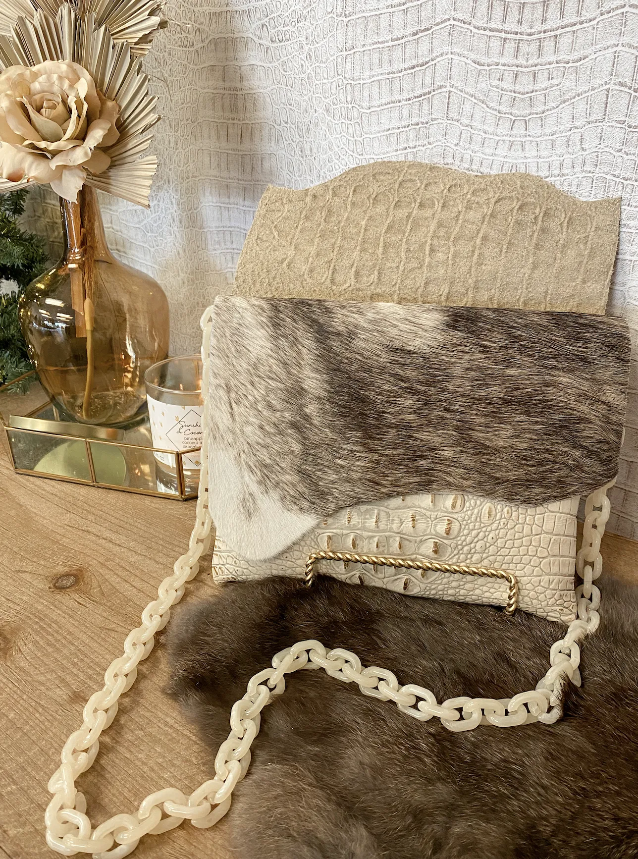 Gold/White Croc with Brindle Hide Clutch/Crossbody