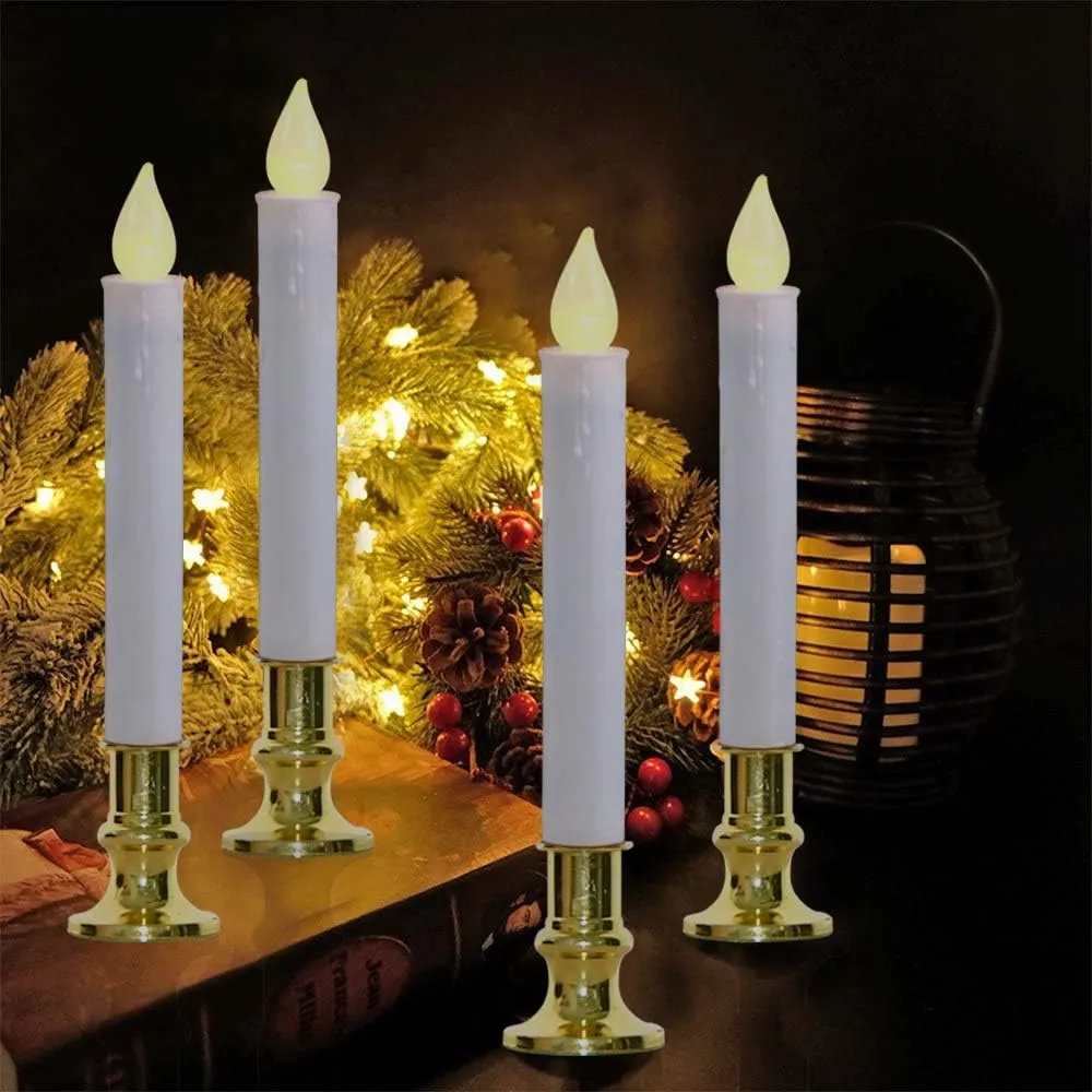 GOOTHY Christmas Window Lights, Automatic Timer LED Flickering Candles with Gold Base (6/18 Hour Timer), 9'' LED Battery Operated for Indoor Table Party Decor - Set of 4