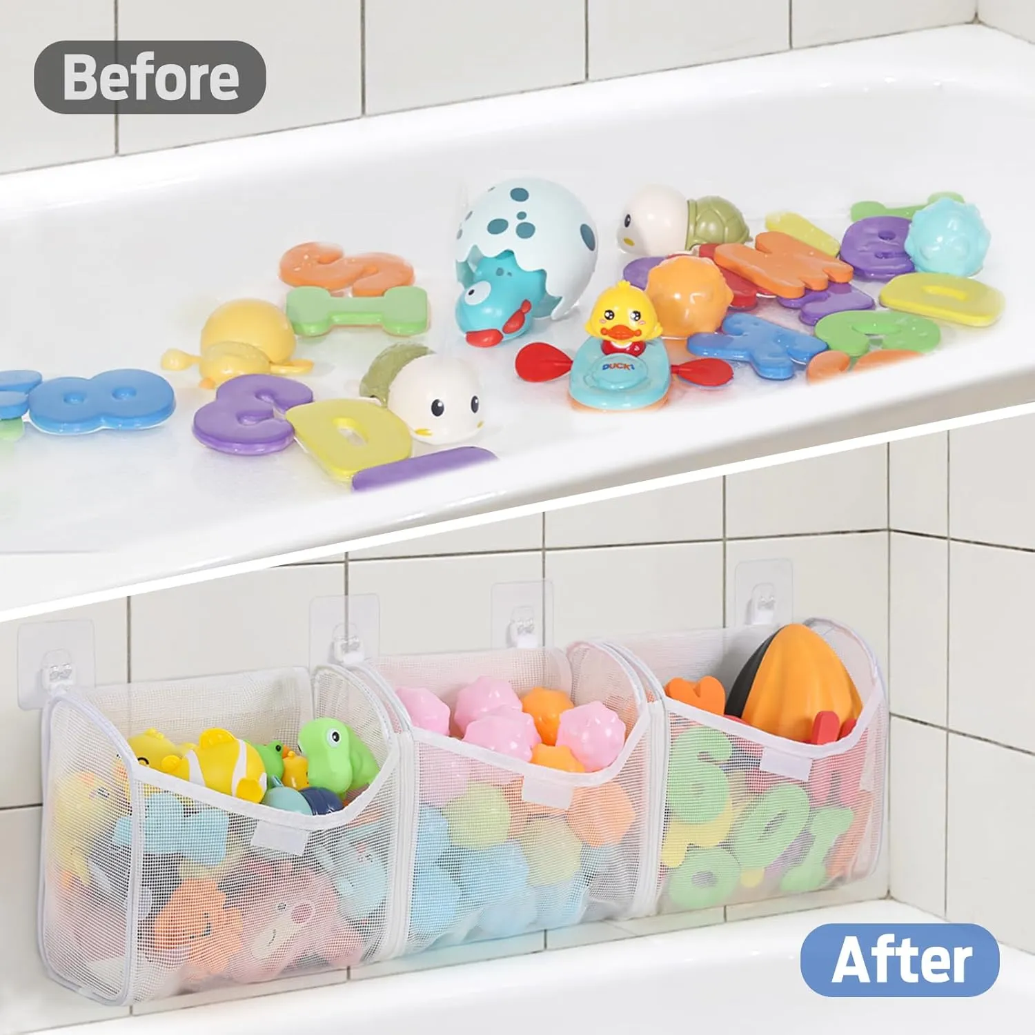 Goowin Bath Toy Storage, Bath Toy Holder, 3 Compartment Large Openings Bath Toy Organizer, Large Capacity Bath Tub Toy Holder, Kids Bathtub Toy Storage For Accessing & Sorting Toys (White, Upgrade)