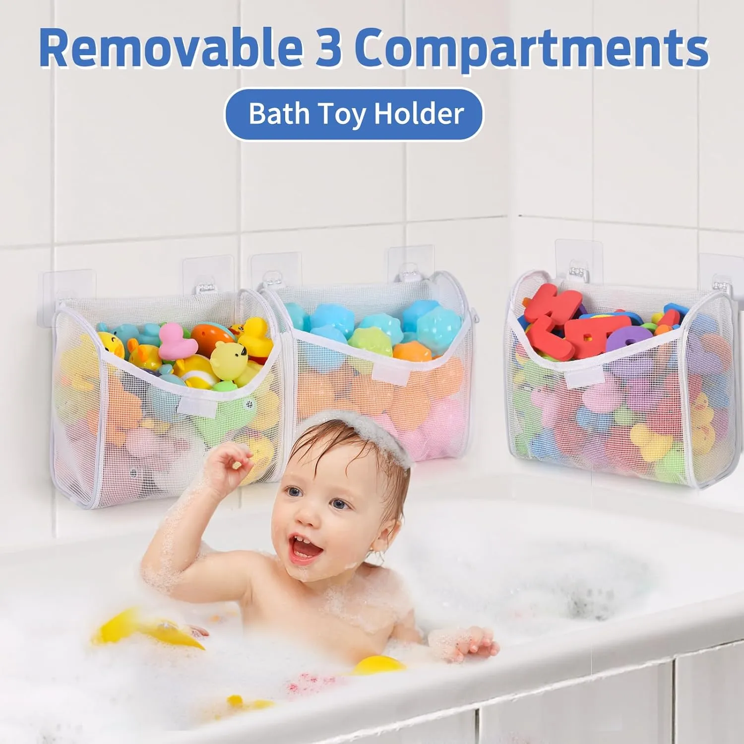 Goowin Bath Toy Storage, Bath Toy Holder, 3 Compartment Large Openings Bath Toy Organizer, Large Capacity Bath Tub Toy Holder, Kids Bathtub Toy Storage For Accessing & Sorting Toys (White, Upgrade)