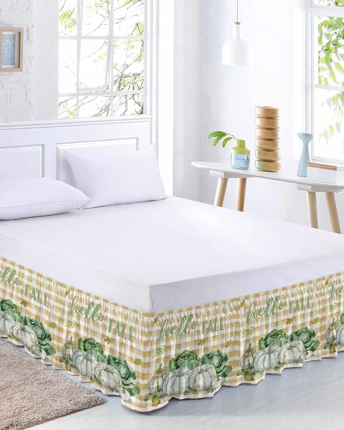 Green Pumpkin Cabbage Bed Skirt Cal King Size 16 Inch Drop,Adjustable & Elastic Wrap Around Bed Skirts Pleated Luxury Dust Ruffles for Queen Cal King Base Bed,Thanksgiving Leaves Buffalo Plaid