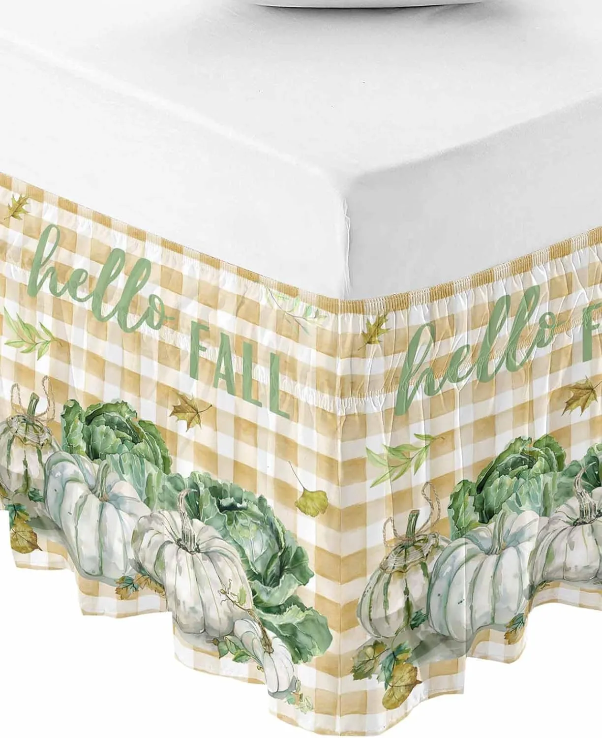 Green Pumpkin Cabbage Bed Skirt Cal King Size 16 Inch Drop,Adjustable & Elastic Wrap Around Bed Skirts Pleated Luxury Dust Ruffles for Queen Cal King Base Bed,Thanksgiving Leaves Buffalo Plaid