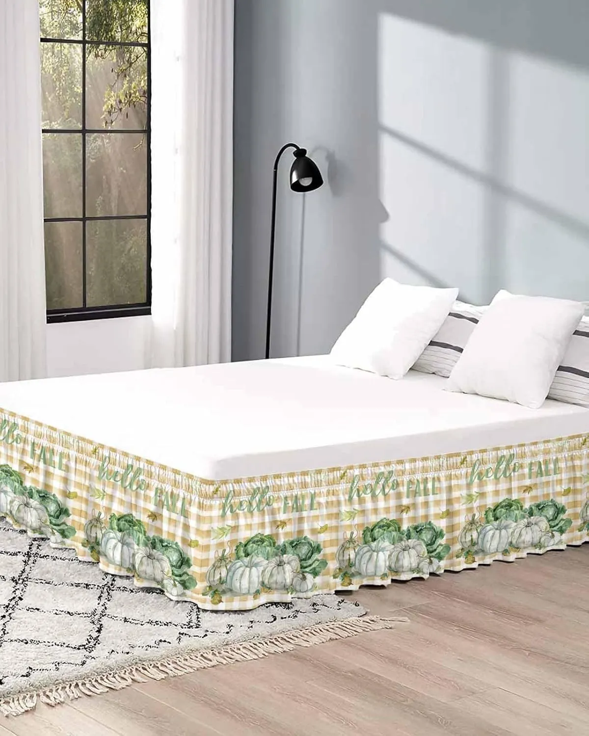 Green Pumpkin Cabbage Bed Skirt Cal King Size 16 Inch Drop,Adjustable & Elastic Wrap Around Bed Skirts Pleated Luxury Dust Ruffles for Queen Cal King Base Bed,Thanksgiving Leaves Buffalo Plaid