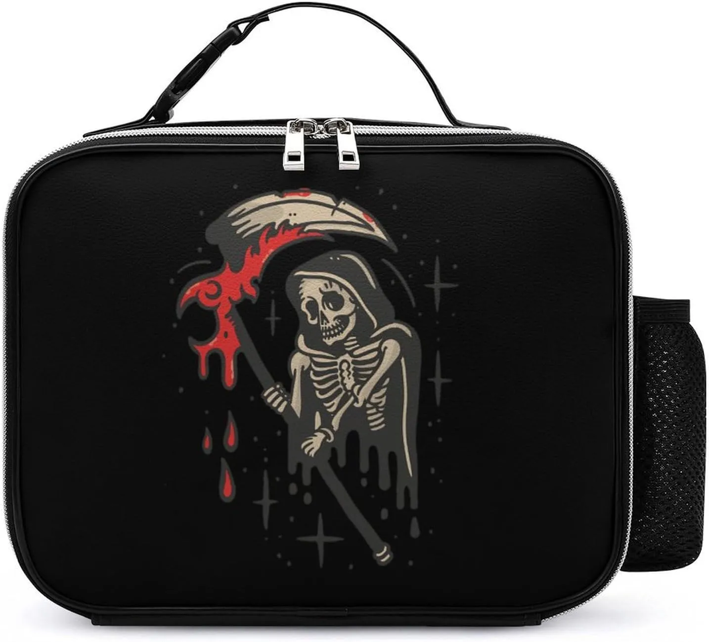 Grim Reaper Insulated Cooler Leather Lunch Bag Meal Tote Handbags with Adjustable Handle Strap Side Pocket