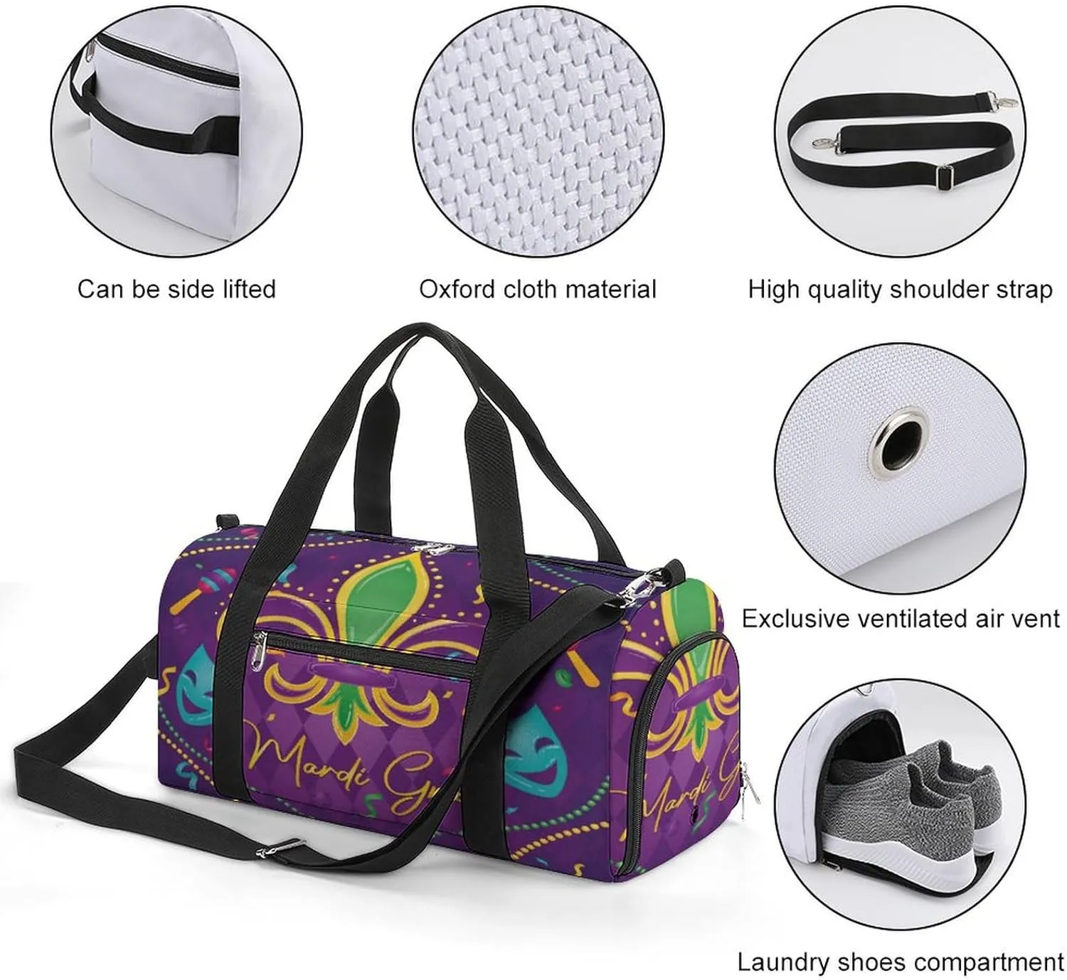 Gym Duffel Bag with Shoe Compartment Wet Pocket, Colored Venetian Masks Travel Bag for Men Women