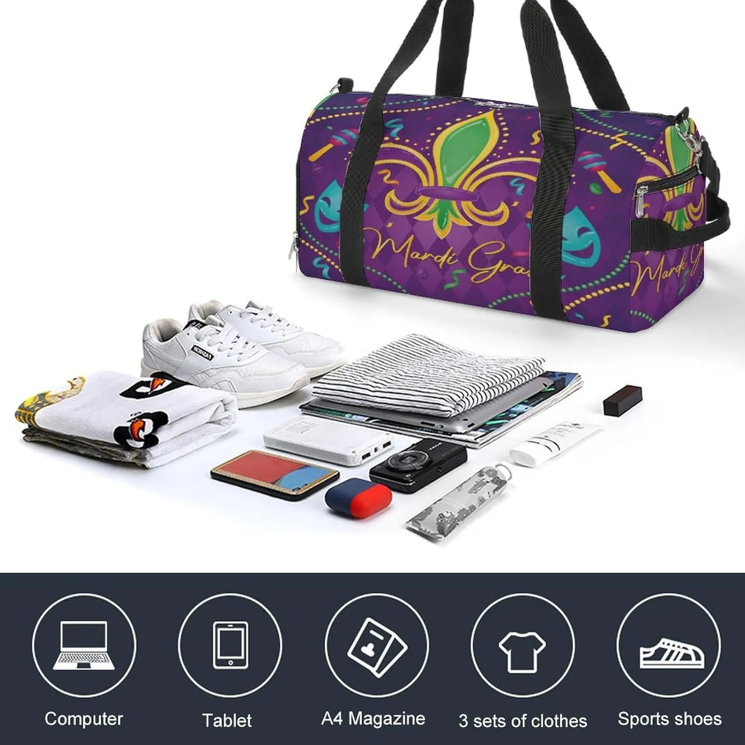 Gym Duffel Bag with Shoe Compartment Wet Pocket, Colored Venetian Masks Travel Bag for Men Women