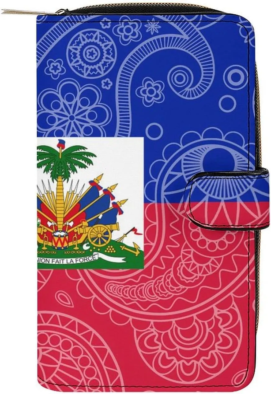 Haiti Paisley Flag Purses for Women Zipper Leather Clutch Purse Travel Handbag Card Case Wallet