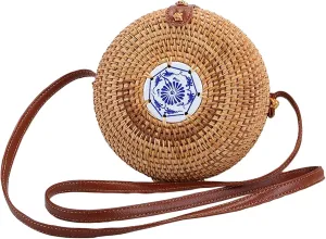Handmade Rattan Woven Bag Round Retro Crossbody Bags Classic Shoulder Bag Ladies and Girls Party Handbags Wallets (Mosaic flower porcelain)