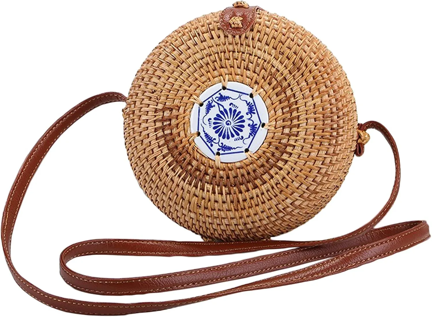 Handmade Rattan Woven Bag Round Retro Crossbody Bags Classic Shoulder Bag Ladies and Girls Party Handbags Wallets (Mosaic flower porcelain)