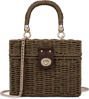 Handwoven Rattan Bag for Women Wicker Crossbody Shoulder Bag Straw Beach Tote Bag Top Handle Satchel Handbag with Chain Strap