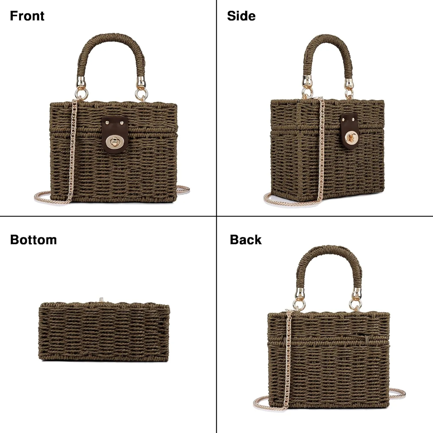 Handwoven Rattan Bag for Women Wicker Crossbody Shoulder Bag Straw Beach Tote Bag Top Handle Satchel Handbag with Chain Strap