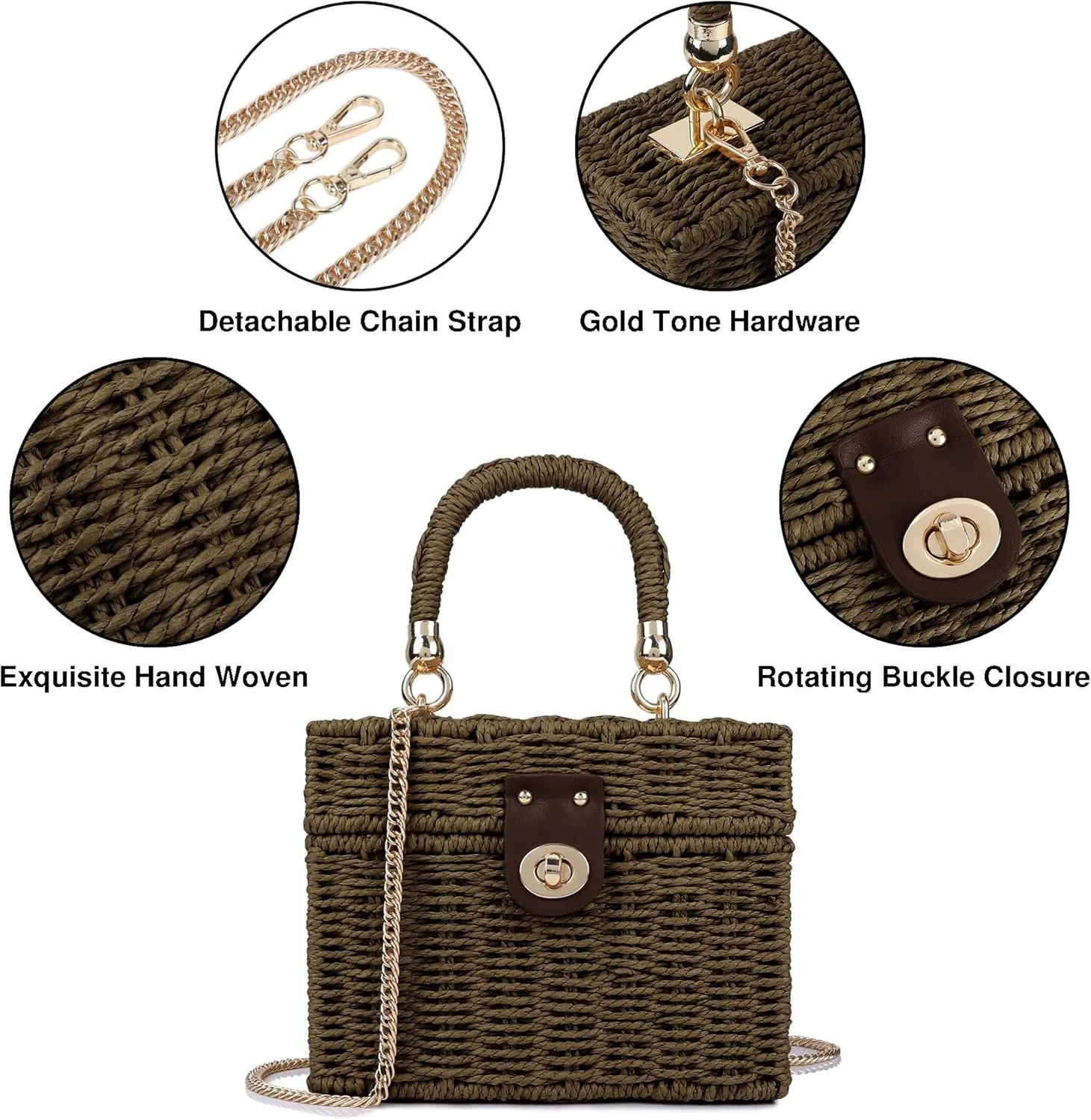 Handwoven Rattan Bag for Women Wicker Crossbody Shoulder Bag Straw Beach Tote Bag Top Handle Satchel Handbag with Chain Strap