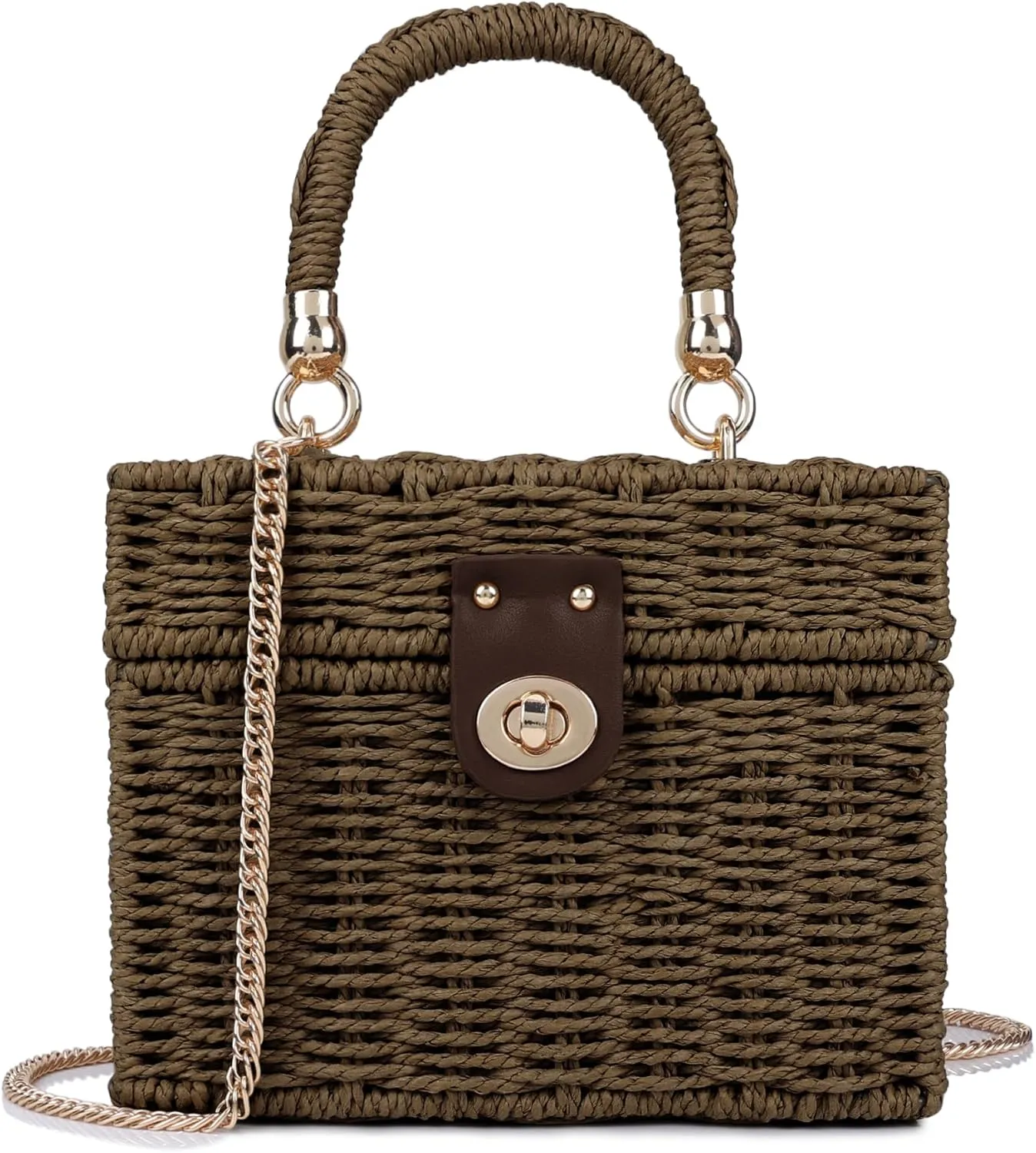 Handwoven Rattan Bag for Women Wicker Crossbody Shoulder Bag Straw Beach Tote Bag Top Handle Satchel Handbag with Chain Strap