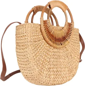 Handwoven Rattan Bag, Straw Bags for Women, Hand Woven Straw Small Bag Round Handle Tote, Retro Summer Beach Bag, Wicker Woven Tote Bag, Boho Straw Handle Tote