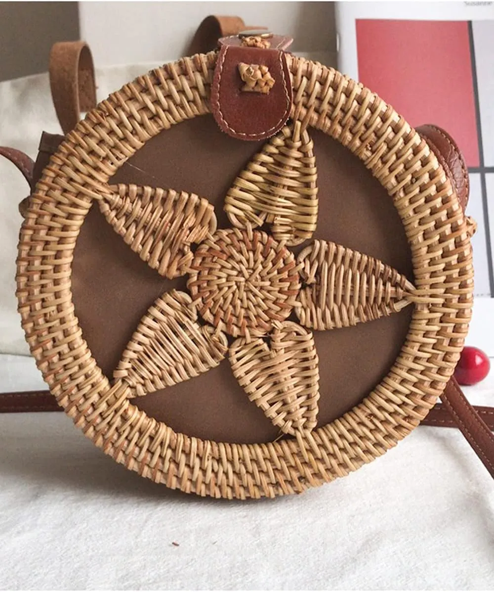 Handwoven Round Rattan Bag Shoulders Natural Chic Hand Tropical Beach Style Woven with Leather Strap