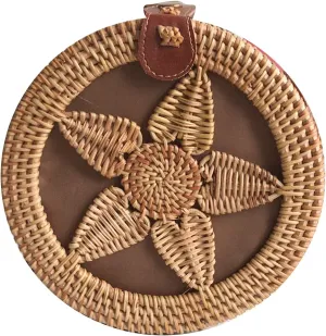 Handwoven Round Rattan Bag Shoulders Natural Chic Hand Tropical Beach Style Woven with Leather Strap