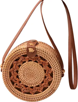 Handwoven Round Rattan Bag Shoulders Natural Chic Hand Tropical Beach Style Woven with Leather Strap
