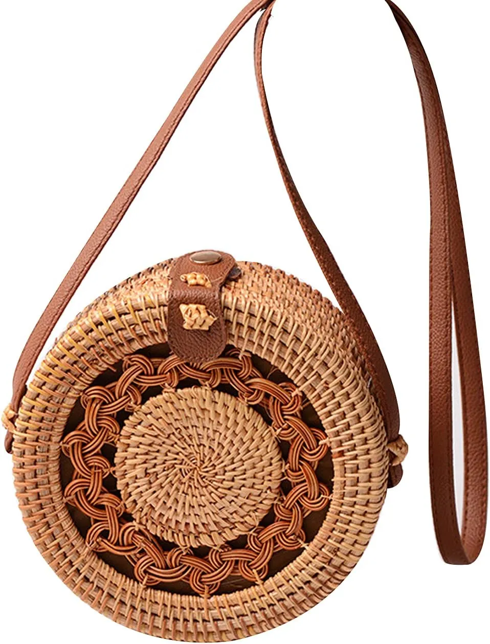 Handwoven Round Rattan Bag Shoulders Natural Chic Hand Tropical Beach Style Woven with Leather Strap